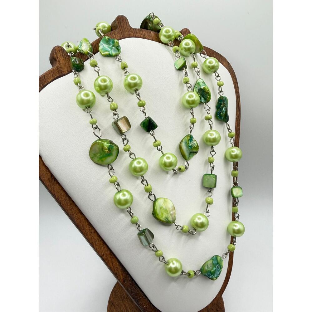 LONG OLIVE GREEN Endless Beaded Layering Strand 32.5” Drop Necklace - Picture 2 of 5